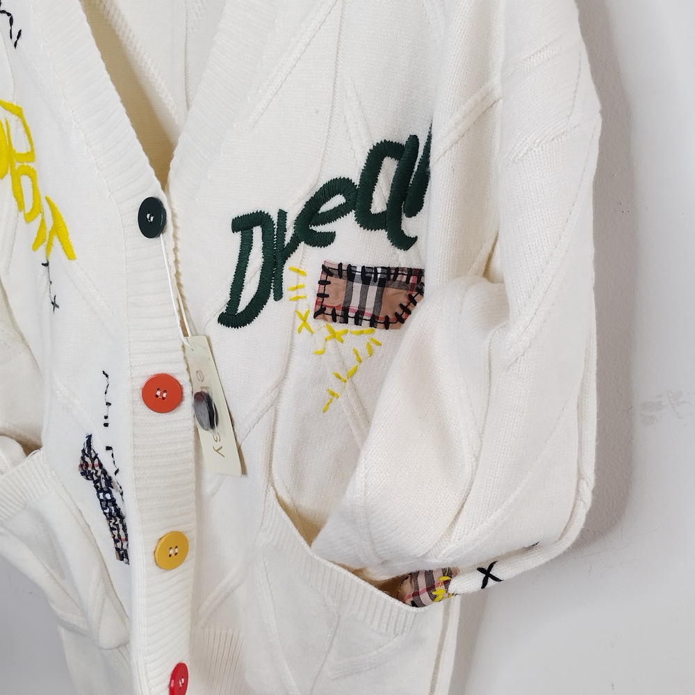 Dream Embroidered Patch Work Button Cream Cardigan Sweater S/M - Picture 3 of 12